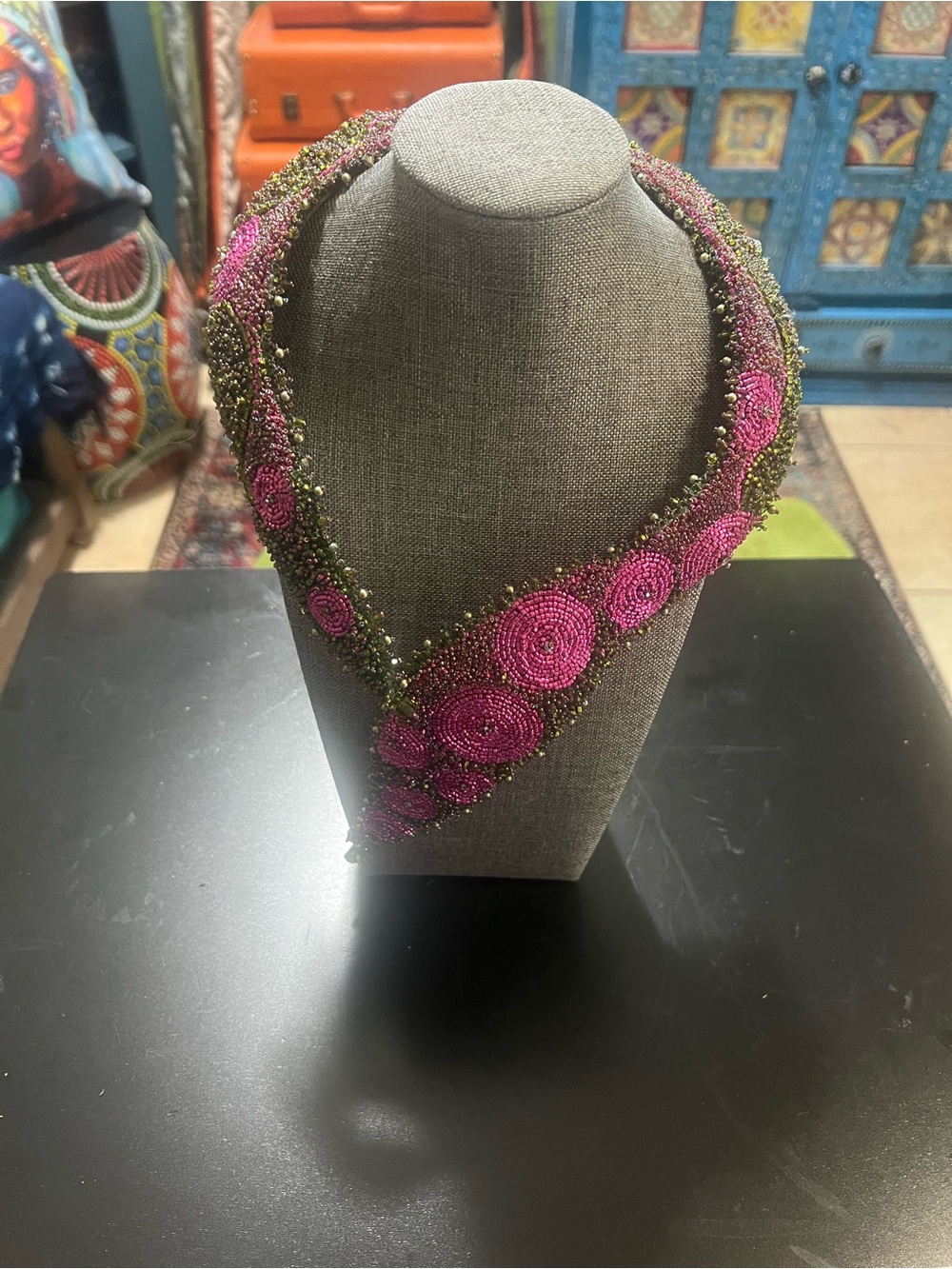 Lynn Parpard Beaded Bib Statement Necklace Pink Fields OOAK Art